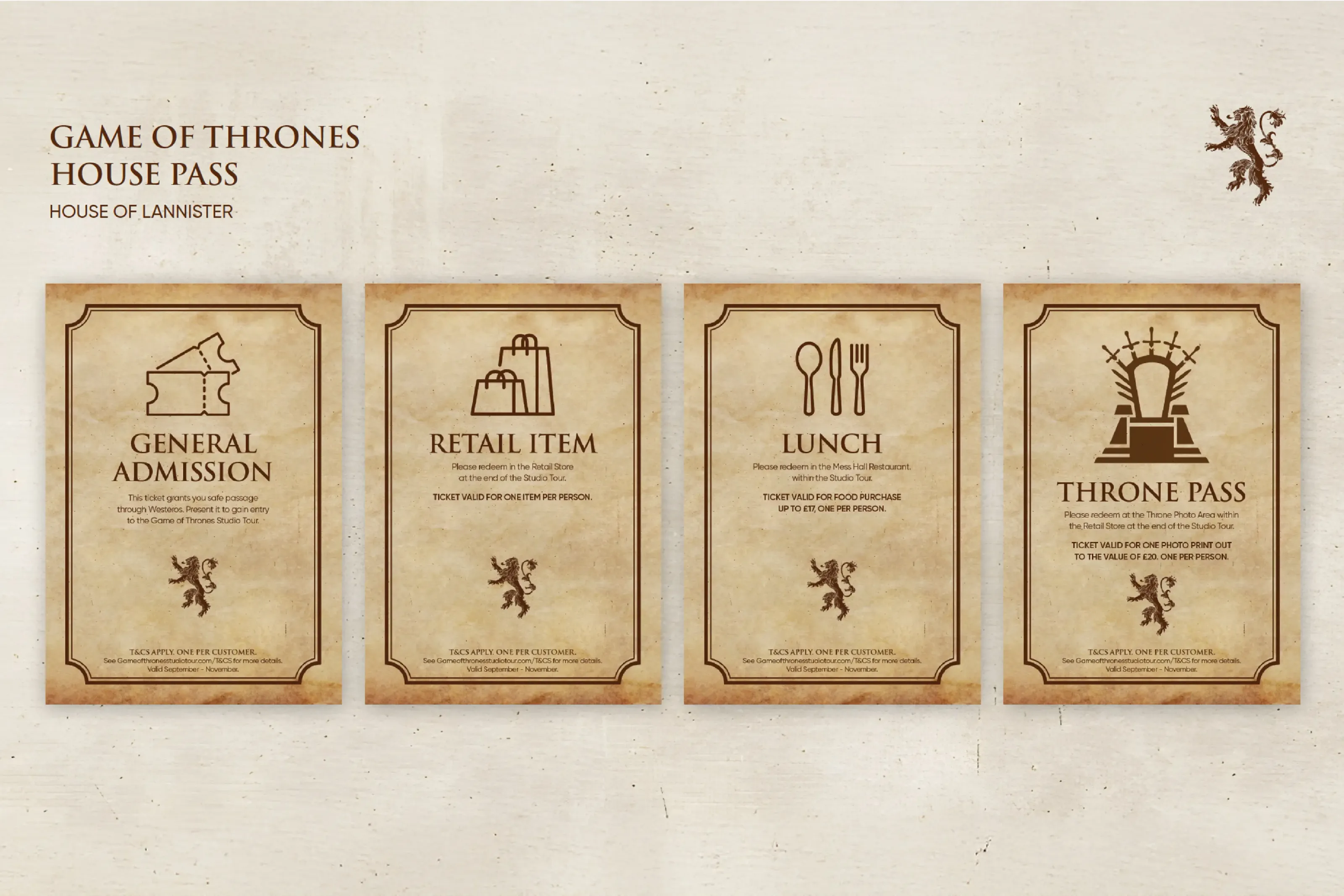 A parchment-style House of Lannister pass with four ticket cards: general admission, retail item, lunch and Throne Pass.