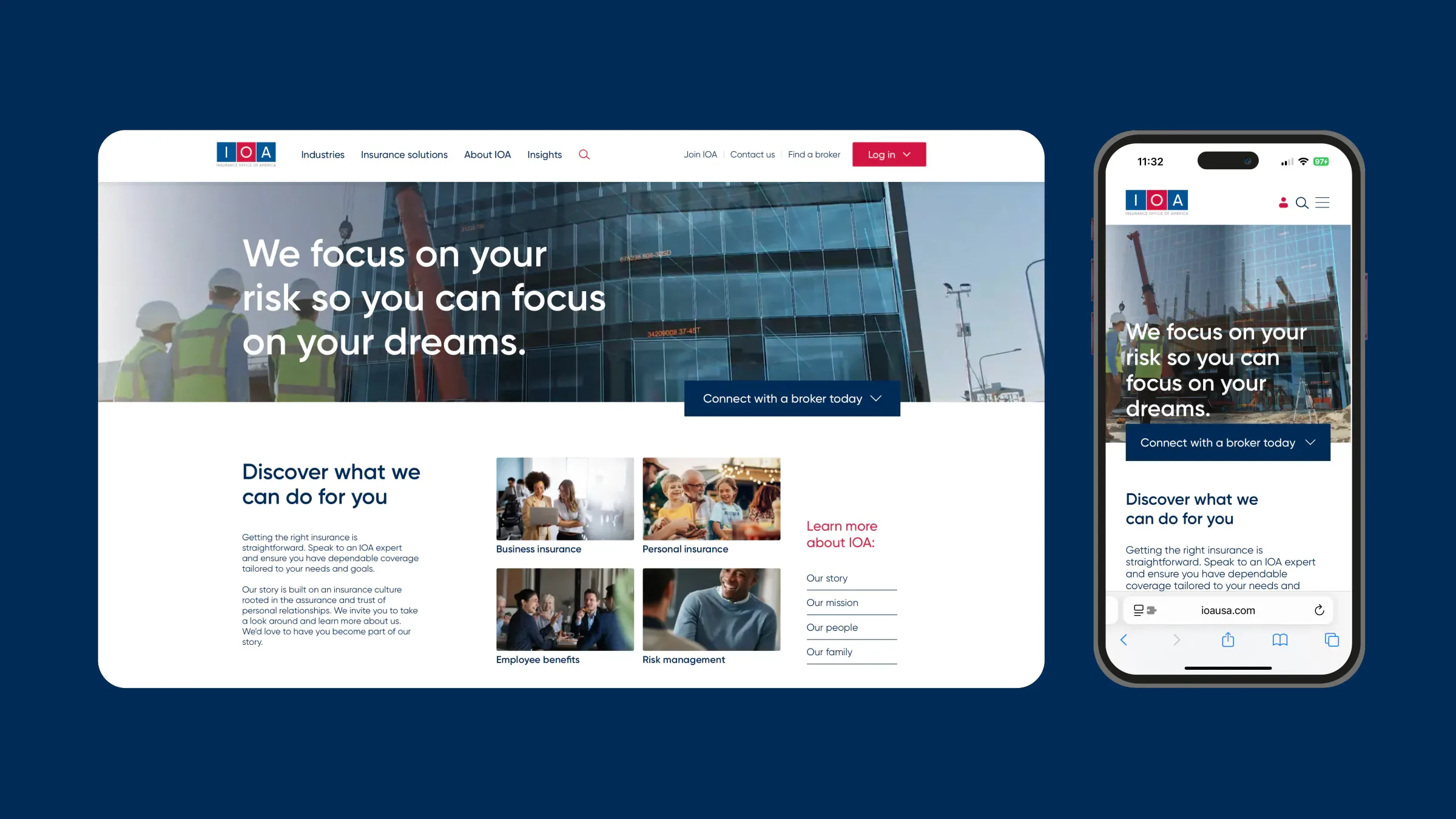 The IOA homepage on a desktop screen and a phone: “We focus on your risk so you can focus on your dreams.” over a photograph of a construction site.